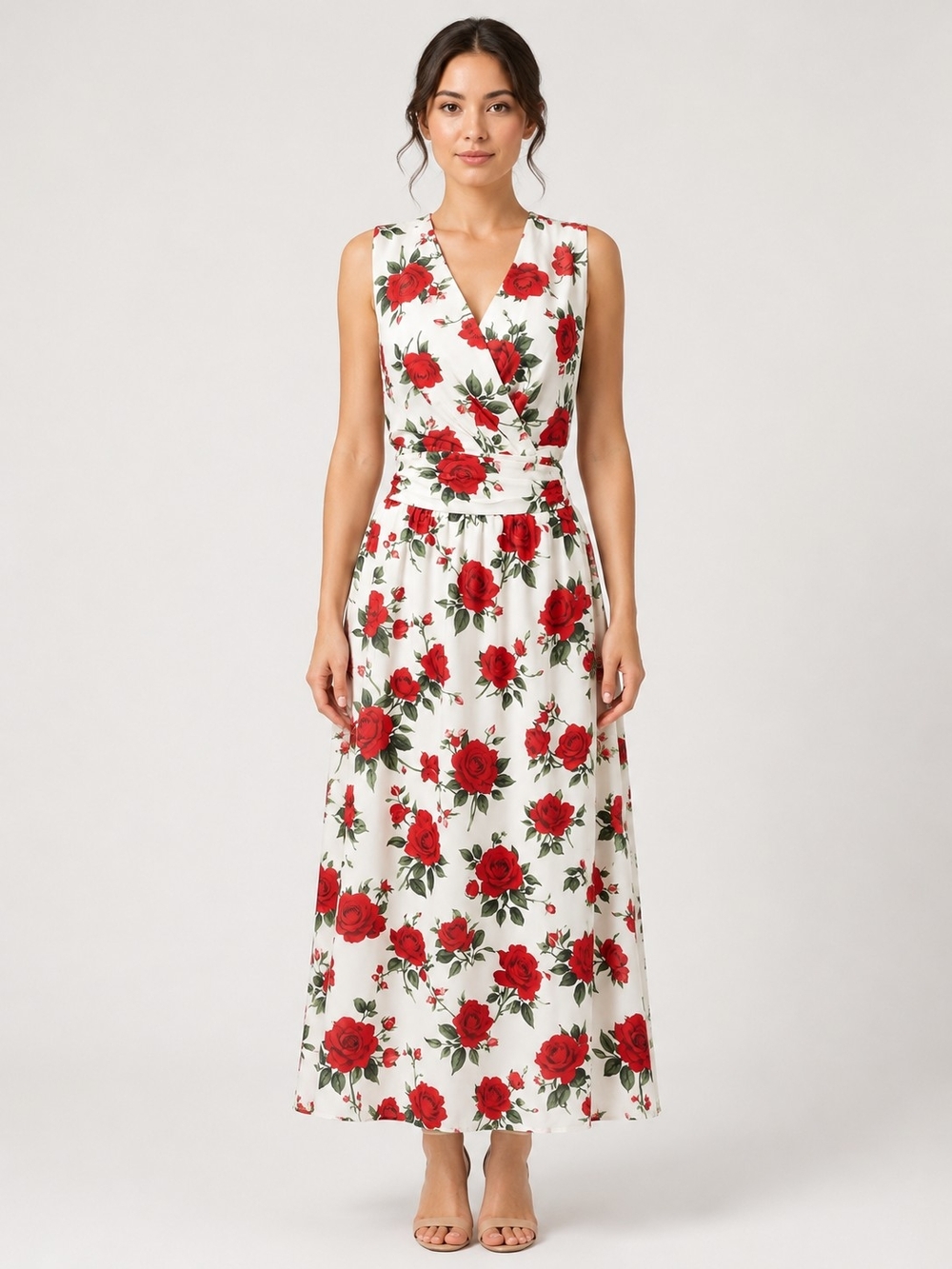 Boutique NWOT Sleeveless White Maxi Dress with Red Rose Print Sz L